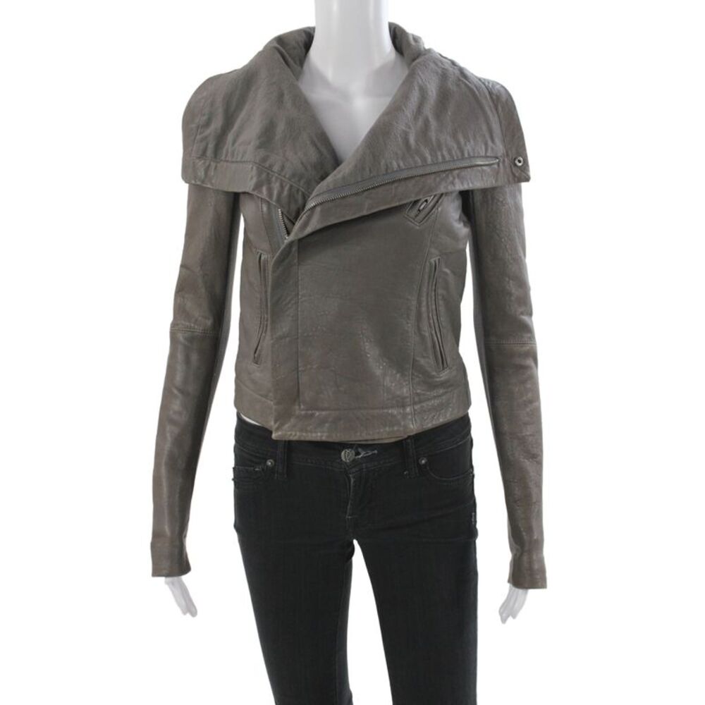 Veda Women Biker Lamb Leather Jacket Gray Zip Long Sleeve Size S
